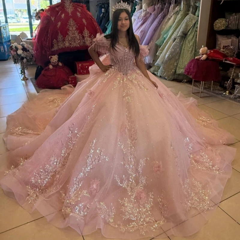 

Pink Shiny Quinceanera Dresses Off The Shoulder Applique Flower Beading Crystal Tull Party Birthday Sweet 16 Dress Vestidos 15