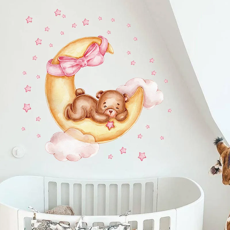 Wall Decals for Baby Girls Room Teddy Bear Sleeping on Gold Moon Wall Decor Stickers Bedroom Living Room Interior Wallpaper