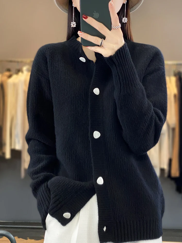 Light Luxury 100% Merino Wool Women Sweater Autumn Winter Long Sleeve O-Neck Cardigans Warm Cashmere Knitted Coat Fashion Tops