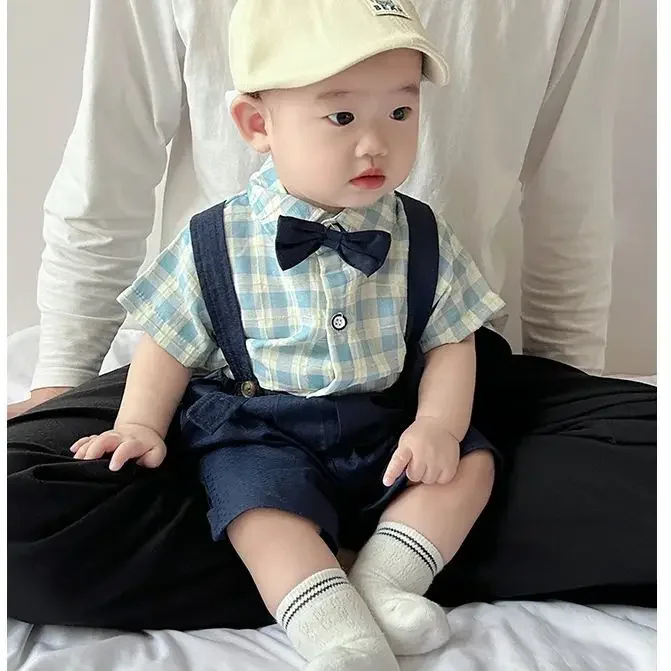 Boy Suit Summer Newborn Baby Clothes Summer Gentleman Children's Dress Lattice Shirt Strap Short+socks 3-piece Suit.