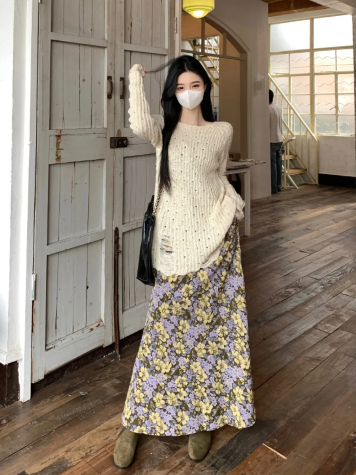 

plus Size Lazy Style Outfit Early Autumn Hole Design Long Sleeve Knitted Dress Floral Strap Dress Two Piece Set Korean Style ...