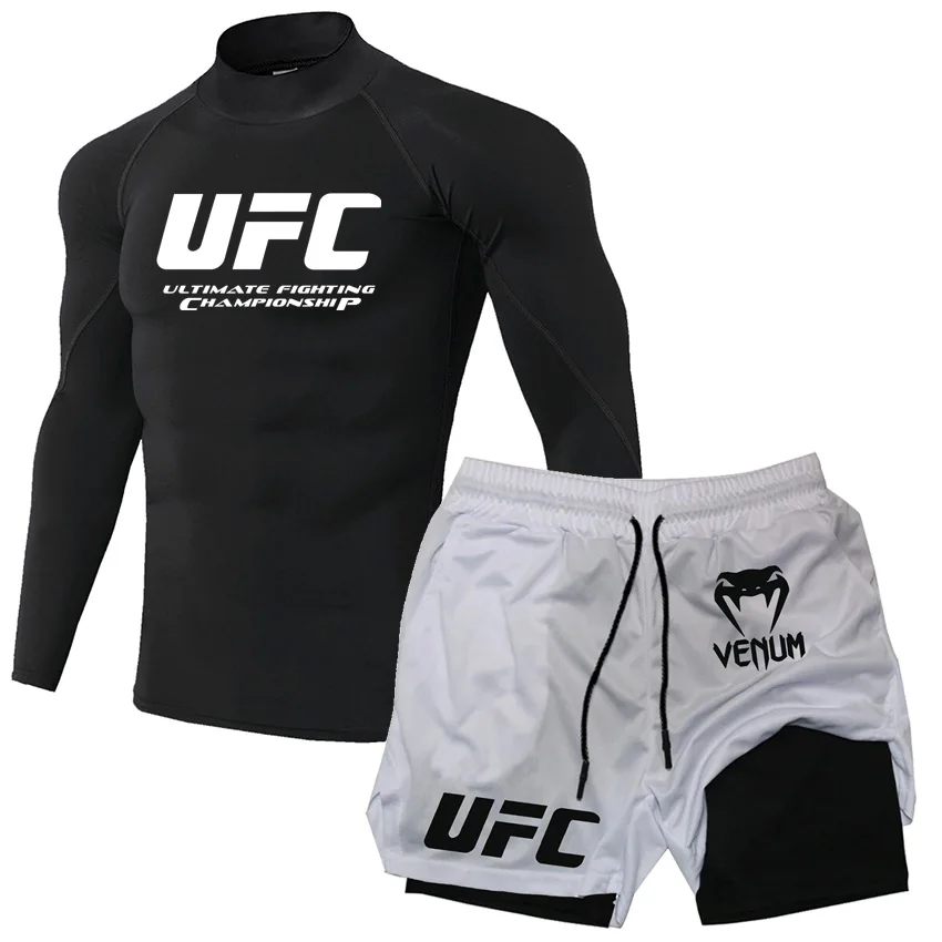 UFC خفيفة الوزن تنفس اللياقة البدنية تي شيرت السراويل الرجال تشغيل الرياضة أعلى السراويل مجموعة التدريب عالية الياقة ضيق كم طويل