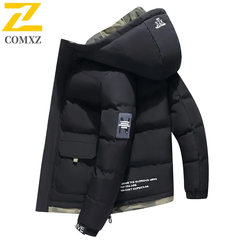 

COMXZ 2025 New Men's Thickened Cargo Hooded Cotton Jacket Casual Loose Versatile Trendy Functional Winter waterproof Outerwear
