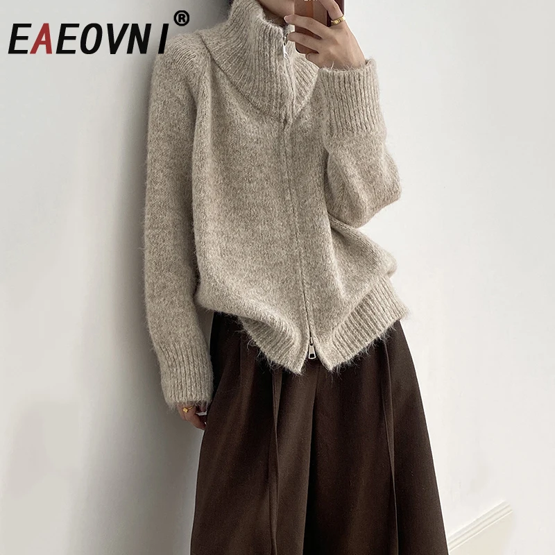 

EAEOVNI Solid Color Knitted Sweater Coat Women Turtleneck Zipper Long Sleeve Casual Loose Cardigan Versatile Autumn Winter New