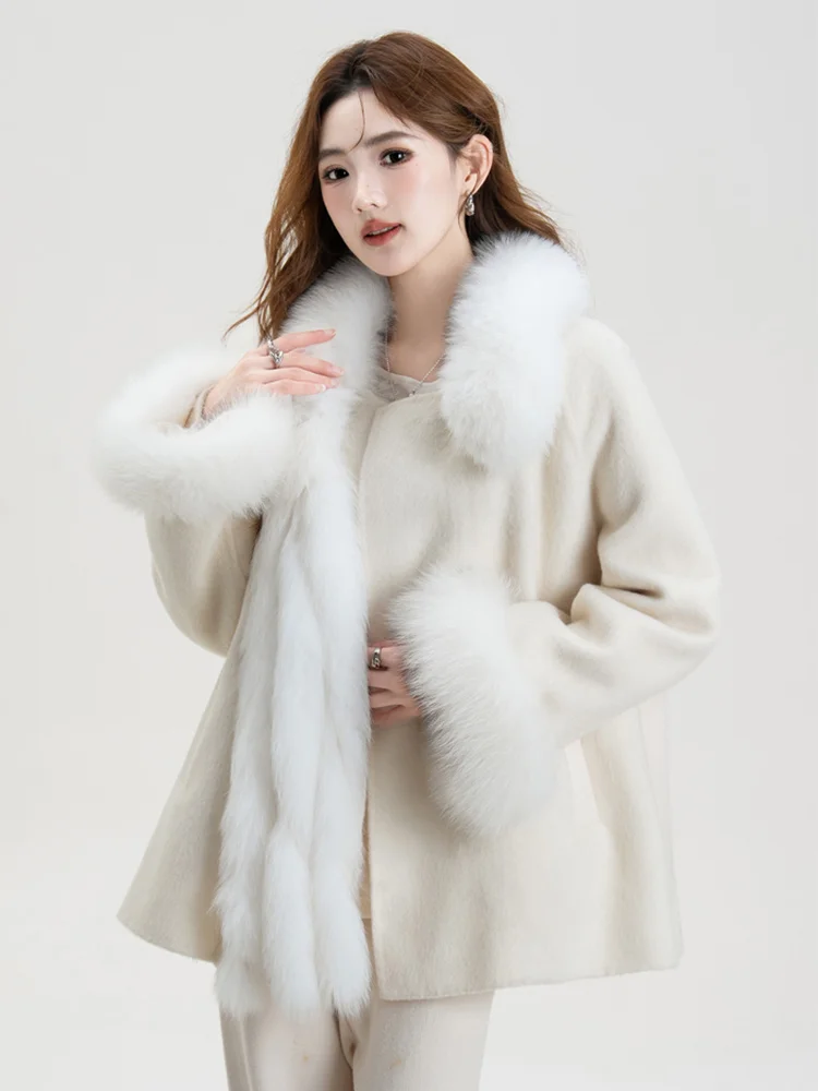 Damski płaszcz z kaszmirem i wełną na zimę 2025, luksusowy, gruby, z naturalnym kołnierzem z futra lisa, szalikiem, elegancki, codzienny płaszcz wierzchni.