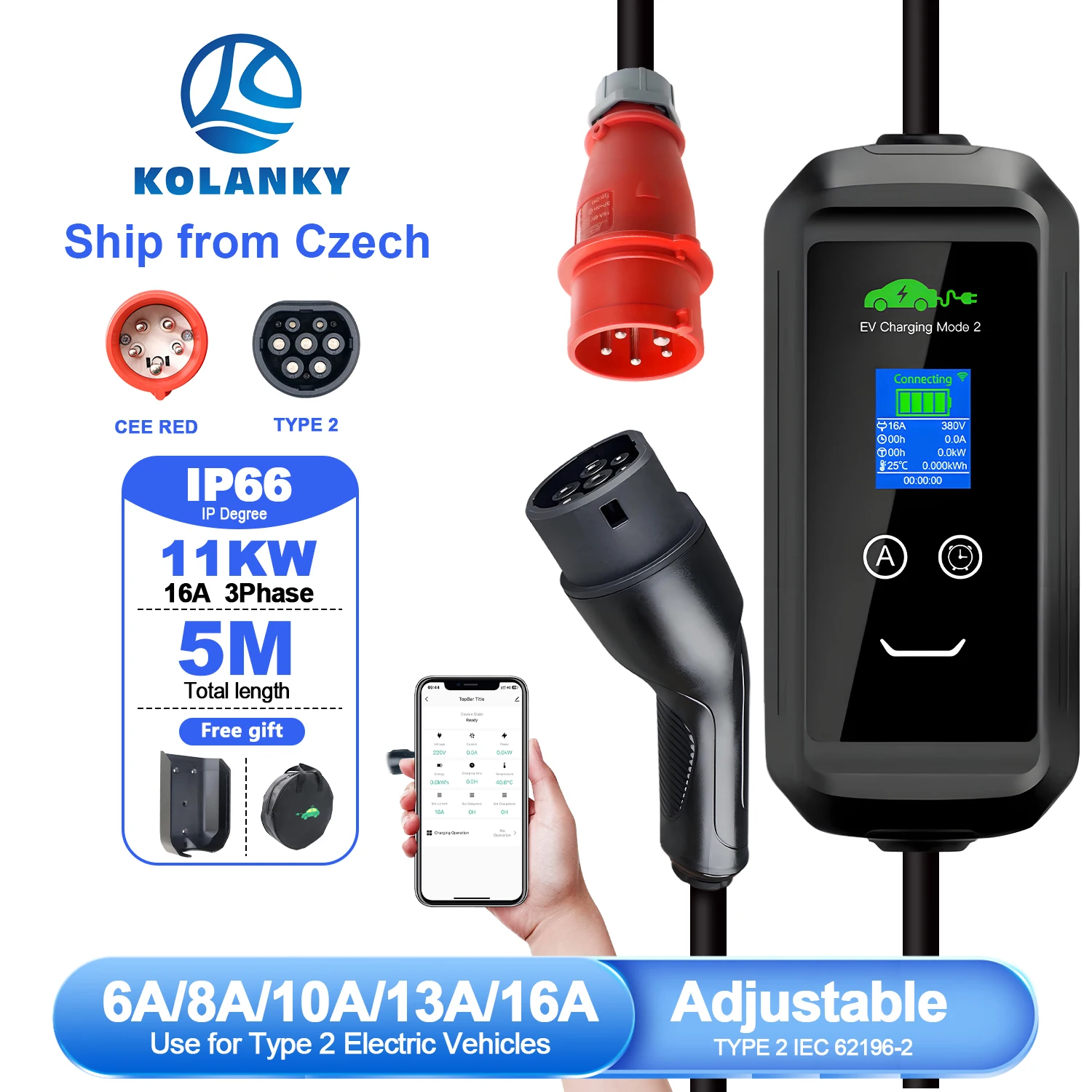 Kolanky Typ2 Kabel Tragbares EV-Ladegerät 11KW 16A 3P Autoladegerät 5M Kabel EVSE Ladebox Autoladegerät CEE-Stecker