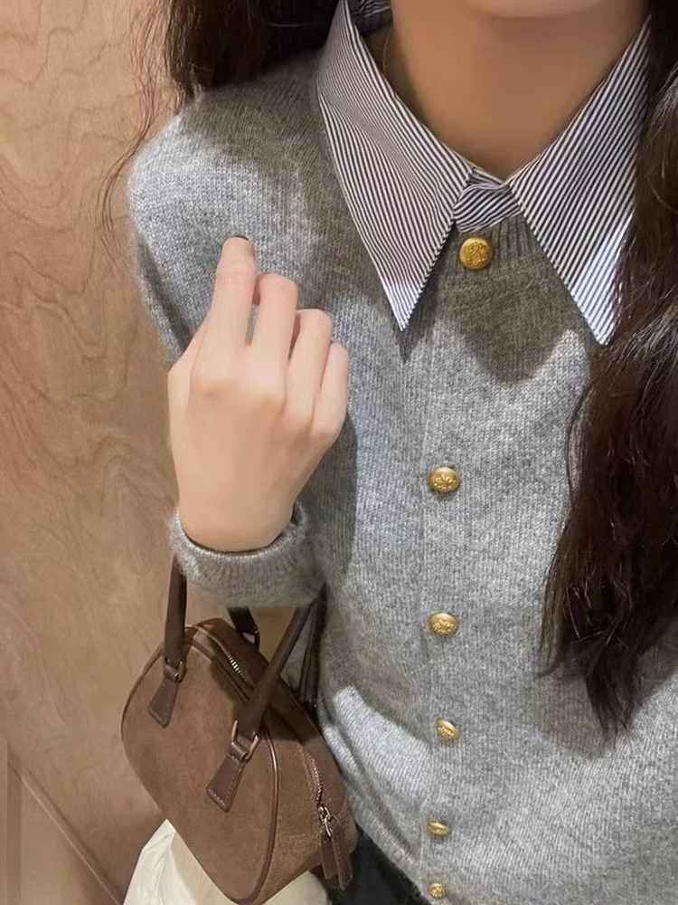 

Autumn Winter Women Sweater Shirt Collar Stitching Casual Cardigans Versatile Long Sleeve Tops