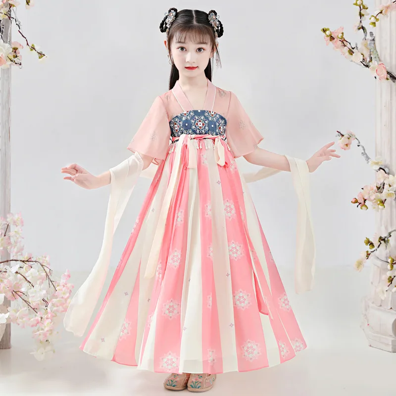 Novas crianças retro estilo chinês flor imprimir hanfu traje menina festa de noite desempenho mostrar saia princesa vestido cosplay