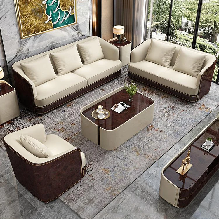 #Modern Design Luxury Sectional Sofa Set with Brown Wood Veneer and Leather Upholstery for Apartment and Mall Living Rooms