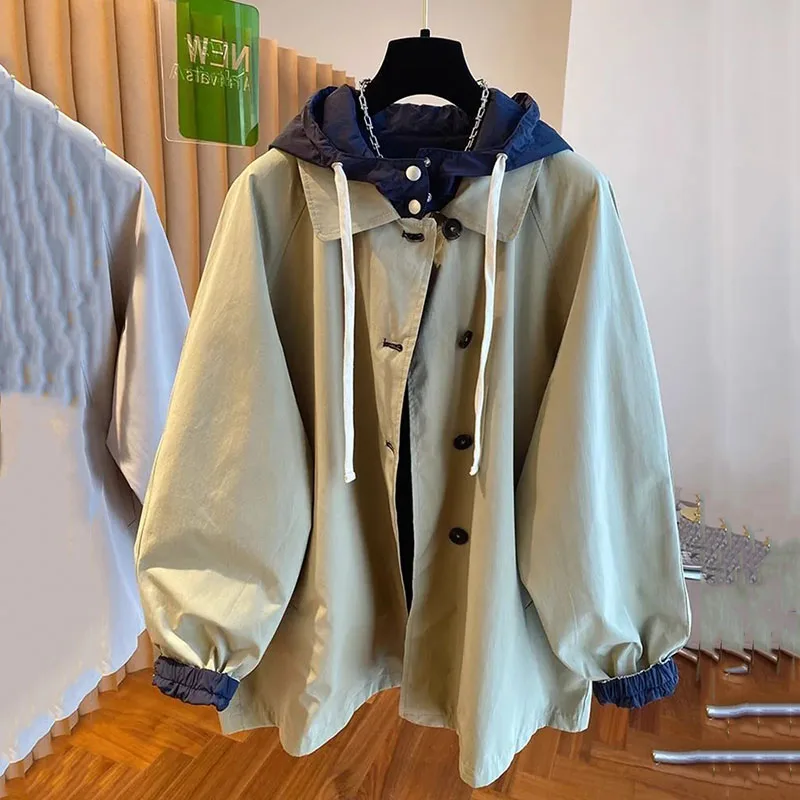 Spring Autumn Fake Two-Piece Women Jacket Fashion 2025 New Fashion Casual Hooded Windbreaker Female Loose Ladies Outerwear Tops