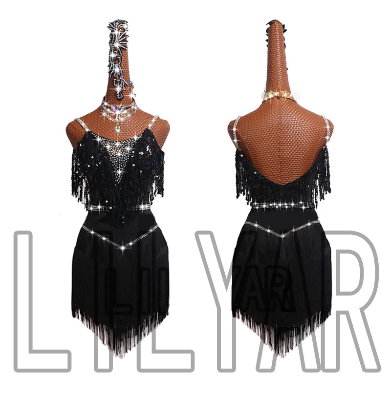 Latin Dance Skirt Competition Performance Adult Custom Children's Black Sequin Flashing Diamond Tassel Slim Backless Dance Skirt