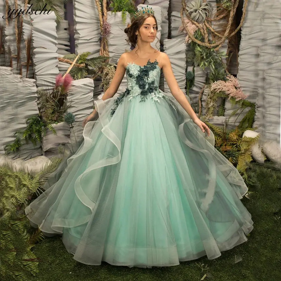 

Elegant Mint Green Sleeveless Tulle Ruffles Flower Girl Dresses For Wedding 2023 Princess Lace Appliques First Communion Gowns