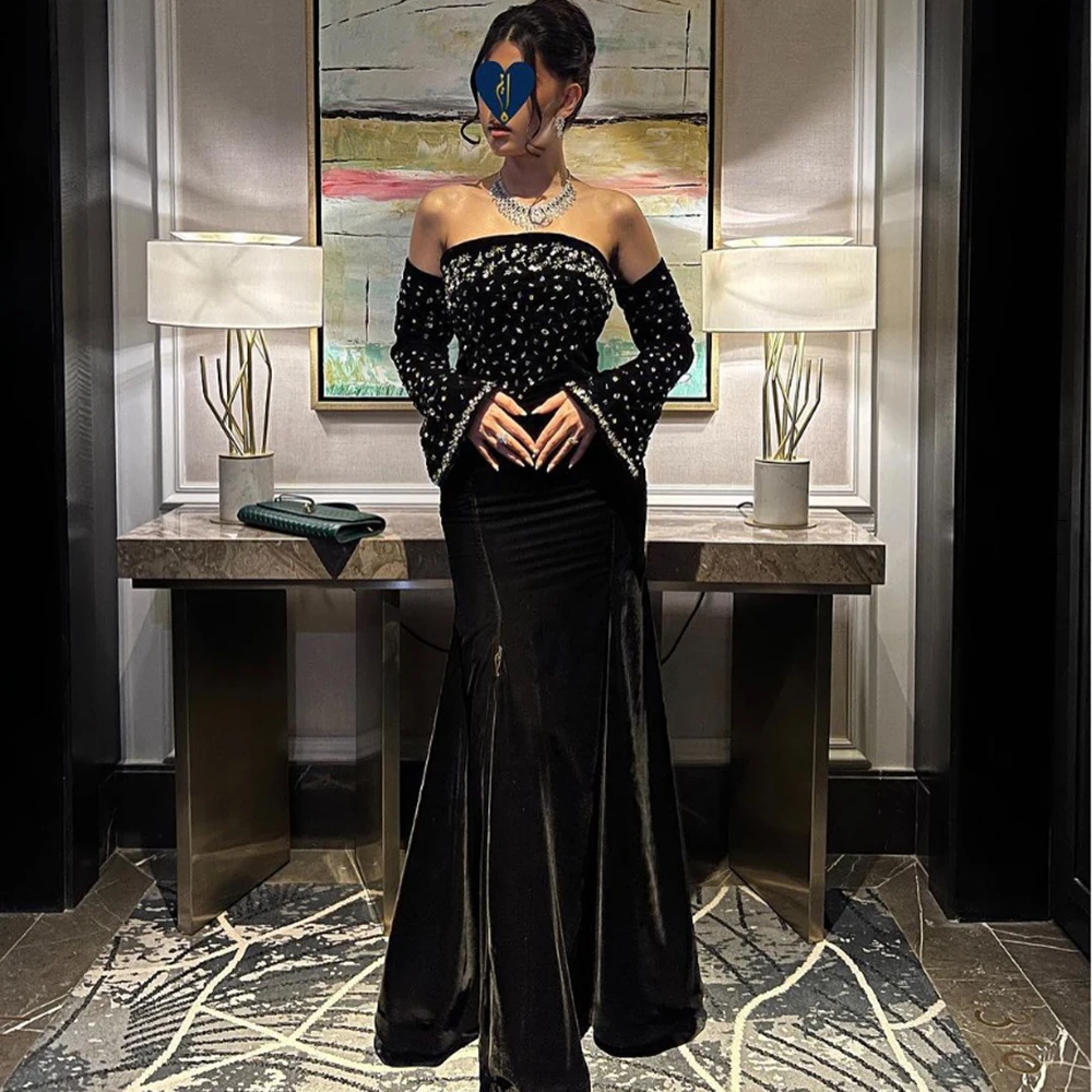 

Customized Black Velour Strapless Sparkly Crystal Evening Dresses Backless Full Sleeves Trumpet Floor Length Draped Pageant Gown