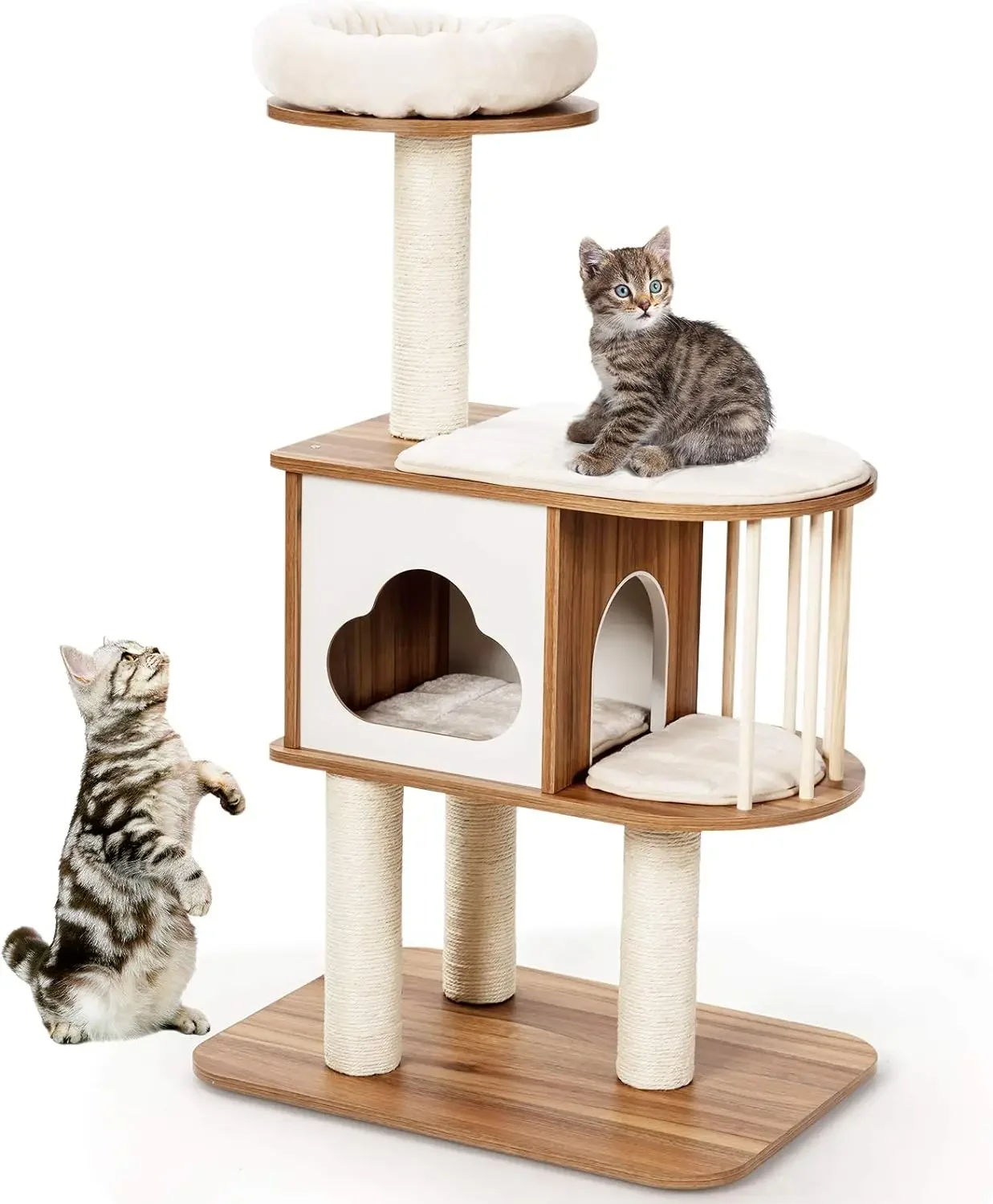 Modern Wood Cat Tree, 46 Inches Cat Tower with Platform, Cat Activity Center with Scratching Posts and Washable Cushions