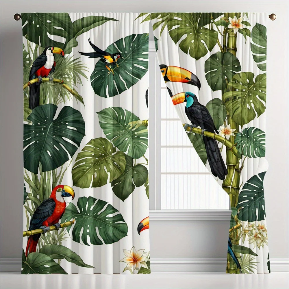 2pcs Tropical Toucan & Monstera Curtains Green White Red Blue Rod Pocket Polyester Light Filtering Modern Decor Living Room