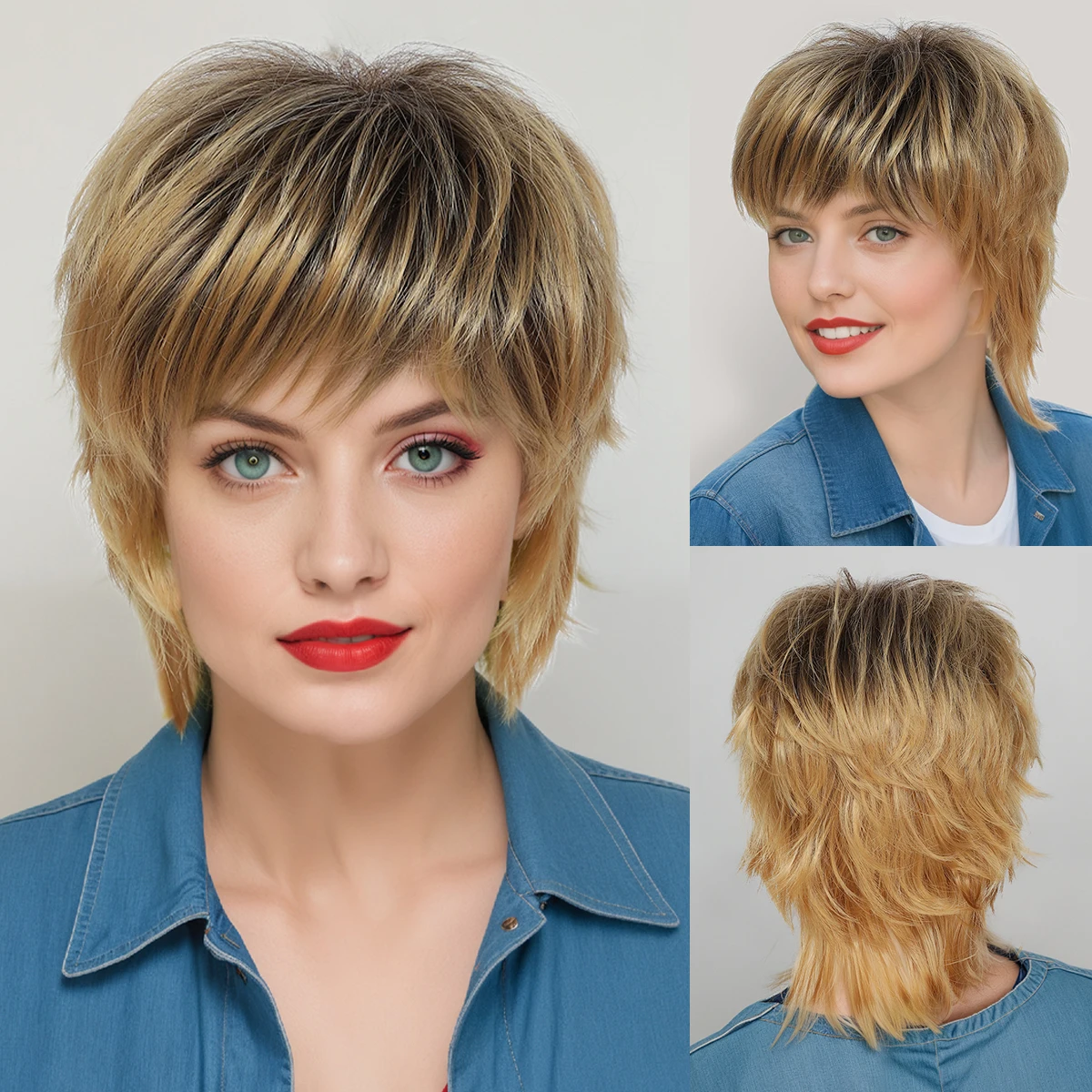 

Men's short curly hair is fashionable and handsome, with brown gradient and natural layering Synthetic fiber wig