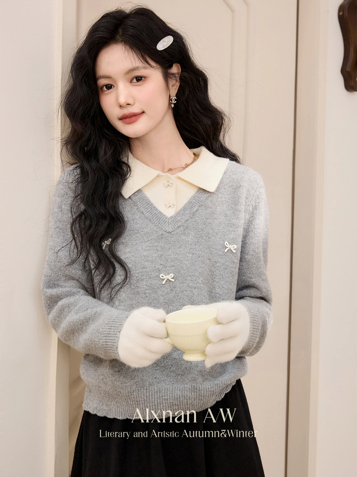 ALXNAN 2 in 1 Commuter Sweater Autumn Winter Lapel Collar Three-dimensional Bow Long Sleeve Jumper 2024 Female Knitwear QJD00067