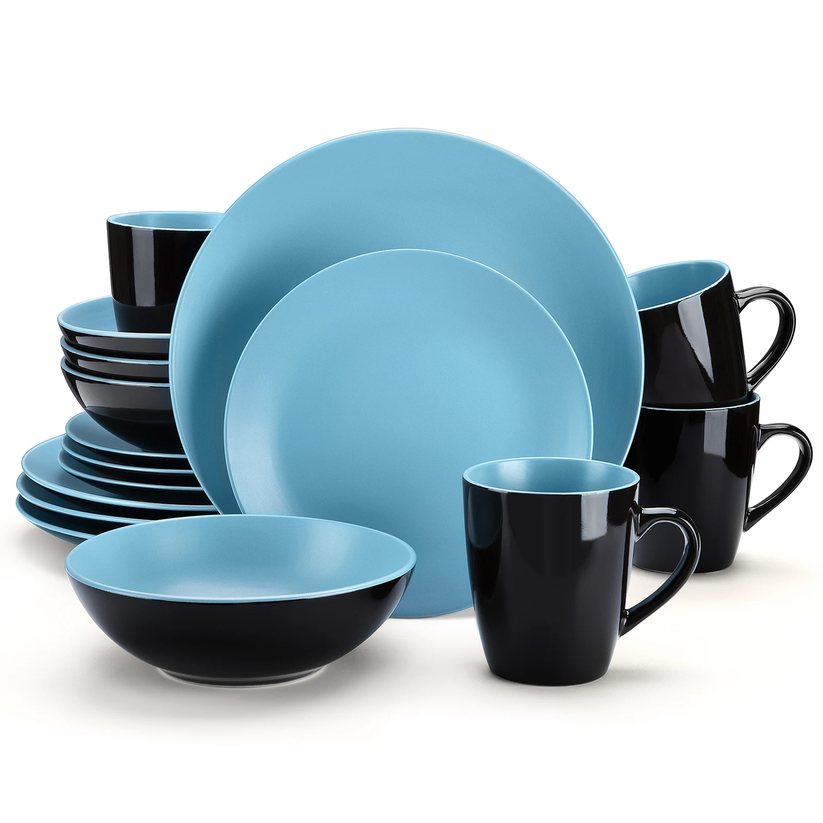 VANCASSO Allegro 16/32/48-Piece Matte Black&Blue Stoneware Crockery Dinnerware Set with Dinner Plate,Dessert Plate,Bowl,Mug Set