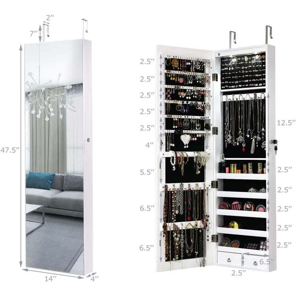 Wall Door Jewelry Armoire Cabinet with Full-Length Mirror, 2 LEDs Lockable Large Storage Jewelry Organizer with 47.5'' Mirror