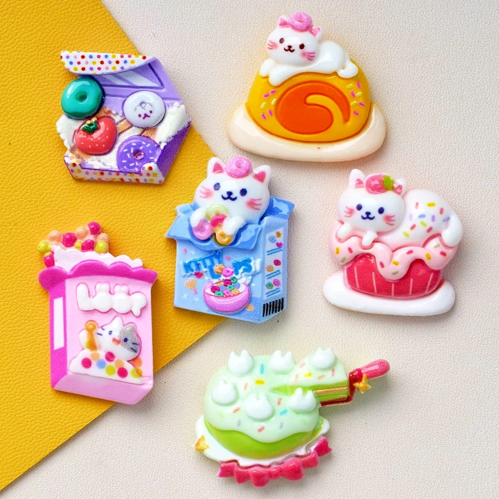 10Pcs New Cute Cartoon Cake Cat Series Flat Back Ornament Jewelry Bows Accessories