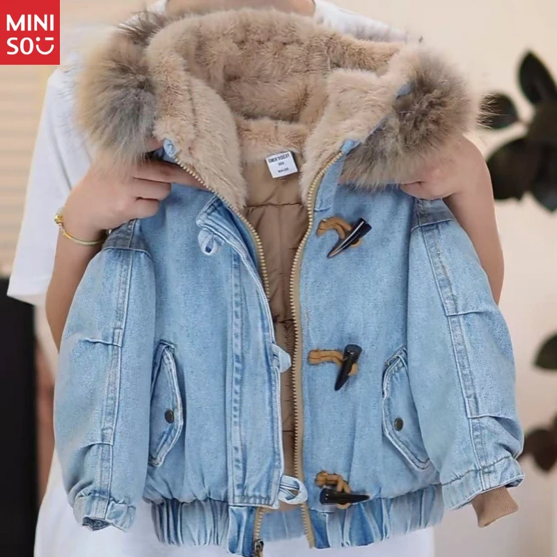 

Miniso Kids' Denim Hooded Jacket: Fleece-Lined Thick Winter Coat, Stylish & Warm Casual Cotton Jacket for Boys & Girls