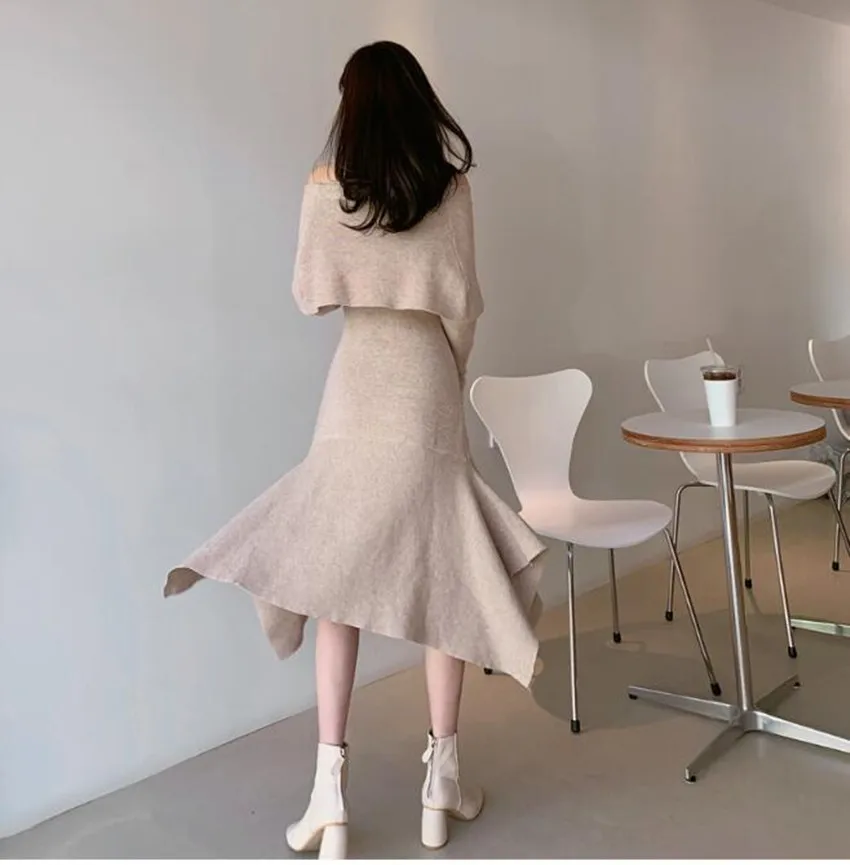 JSXDHK Women Fashion Slash Neck Midi Knitting Dress New Korean Autumn Winter Ruffles Off Shoulder Sexy Bodycon Sweater Dresses