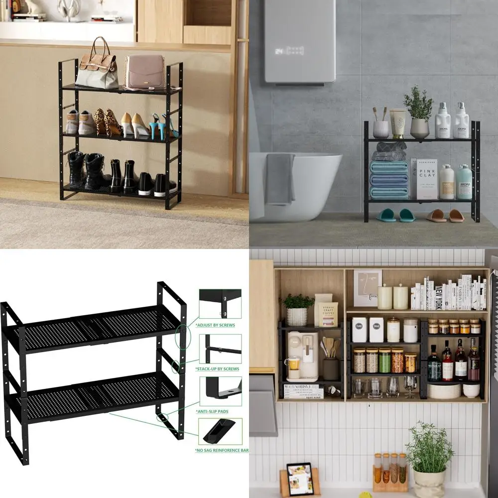 

Штабелируемая металлическая полка для обуви с регулируемыми полками, 2 шт., большая, черная, для хранения кладовой и специй