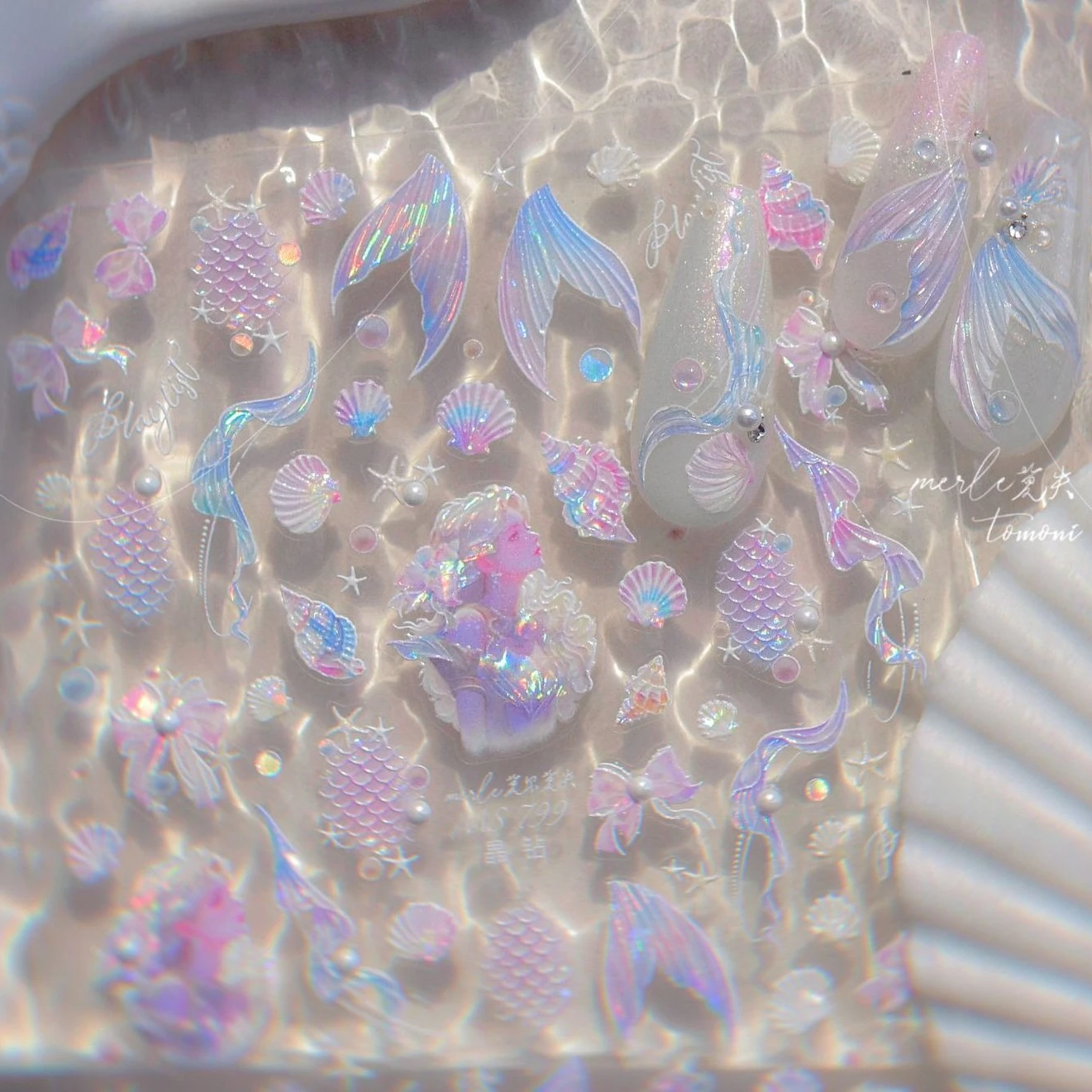 Mermaid Girl Conch Starfish Shell Bowknot Fish Scale Purple Ribbon Water Bubbles Chic Adhesive Nail Art Sticker Manicure Decals