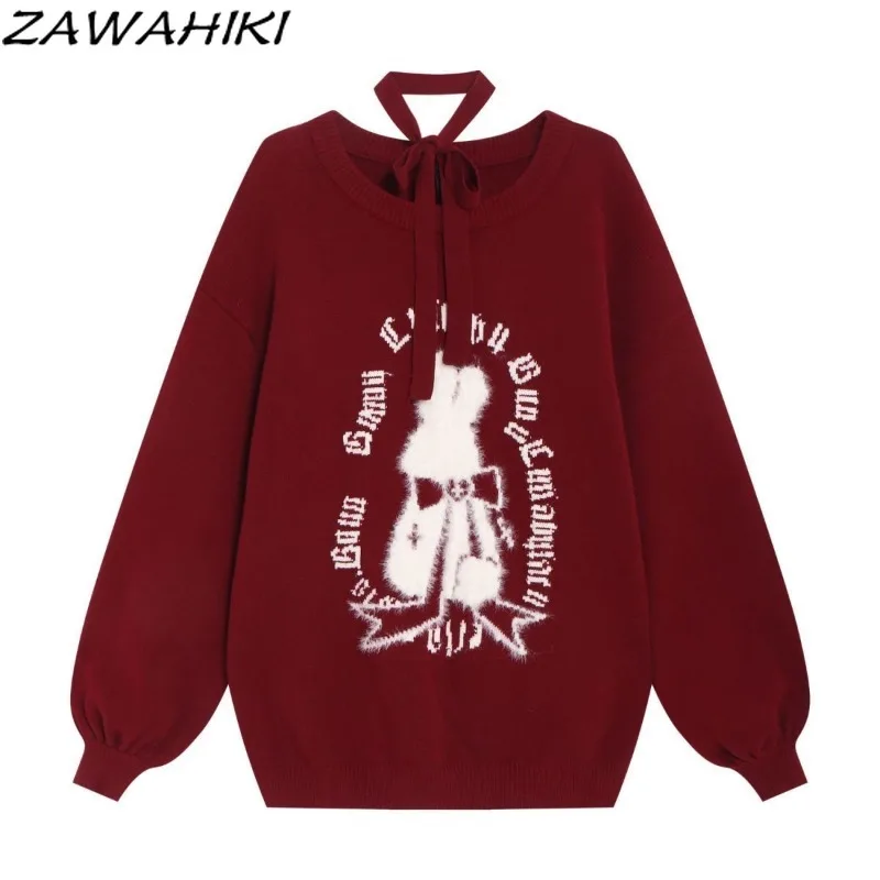 ZAWAHIKI Sueter Mujer Fall Winter Letter Cartoon Loose Vintage Long Lantern Sleeve Fashion Japanese Sweet O-neck Sweater Women