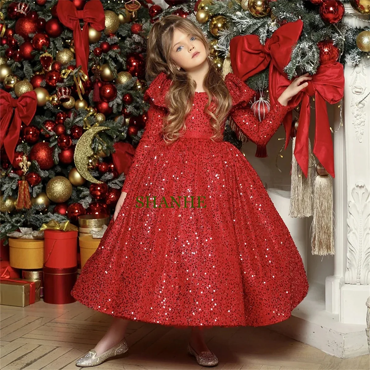 CustomizedPretty Red Flower Girl Dress Scoop Neck Long Sleeves Ankle Length Kids Sequin Pageant Gown Christmas Party Dresses for