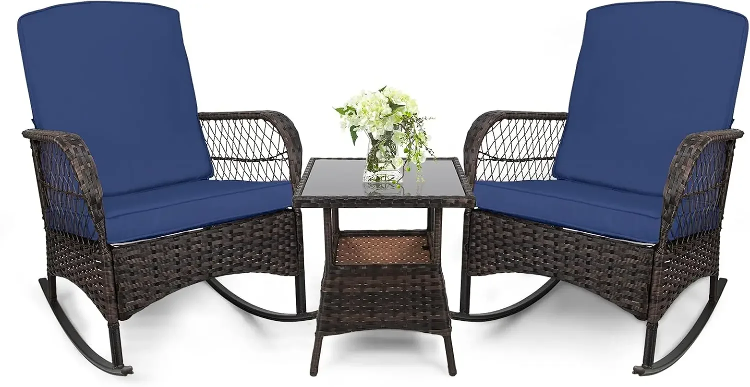 USA Stock3 pcs Rocking Bistro Set Conversation Chairs with Arm Rest, Cushion Availability PE Wicker Outdoor Rocking Chairs