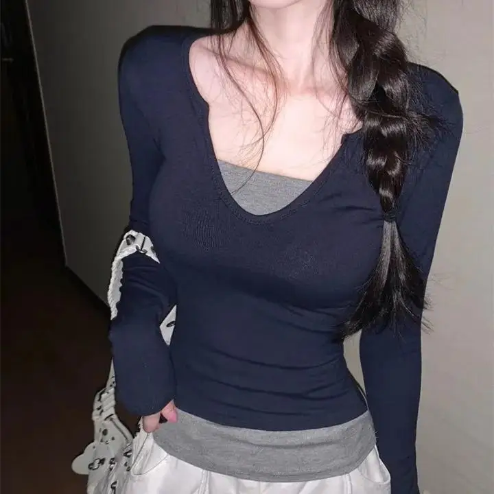 

Slim Fit Long Sve V-Ne Color Blo T-irt Dongda Gate Women's New Sle Faionable Base irt Korean Sle Cotton Blend