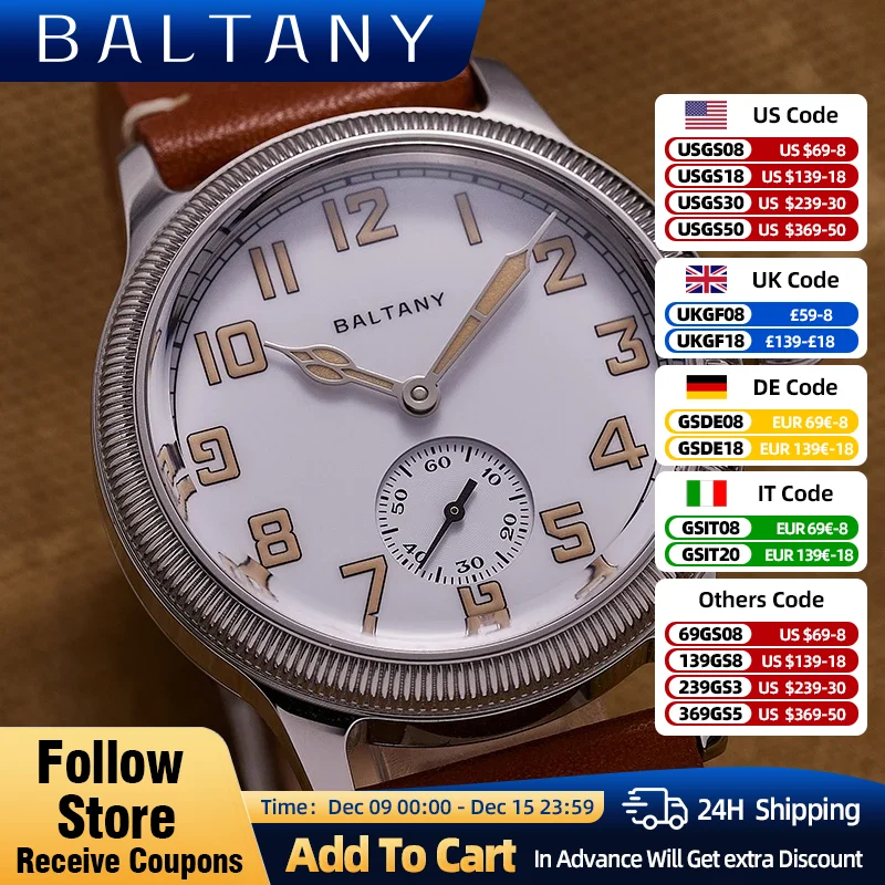 Baltany Men\'s Trench Homage Watch, Aço Inoxidável Dial, Impermeável, Vintage, Automático, Esportes, Militar, ST1701, 39mm, 10ATM