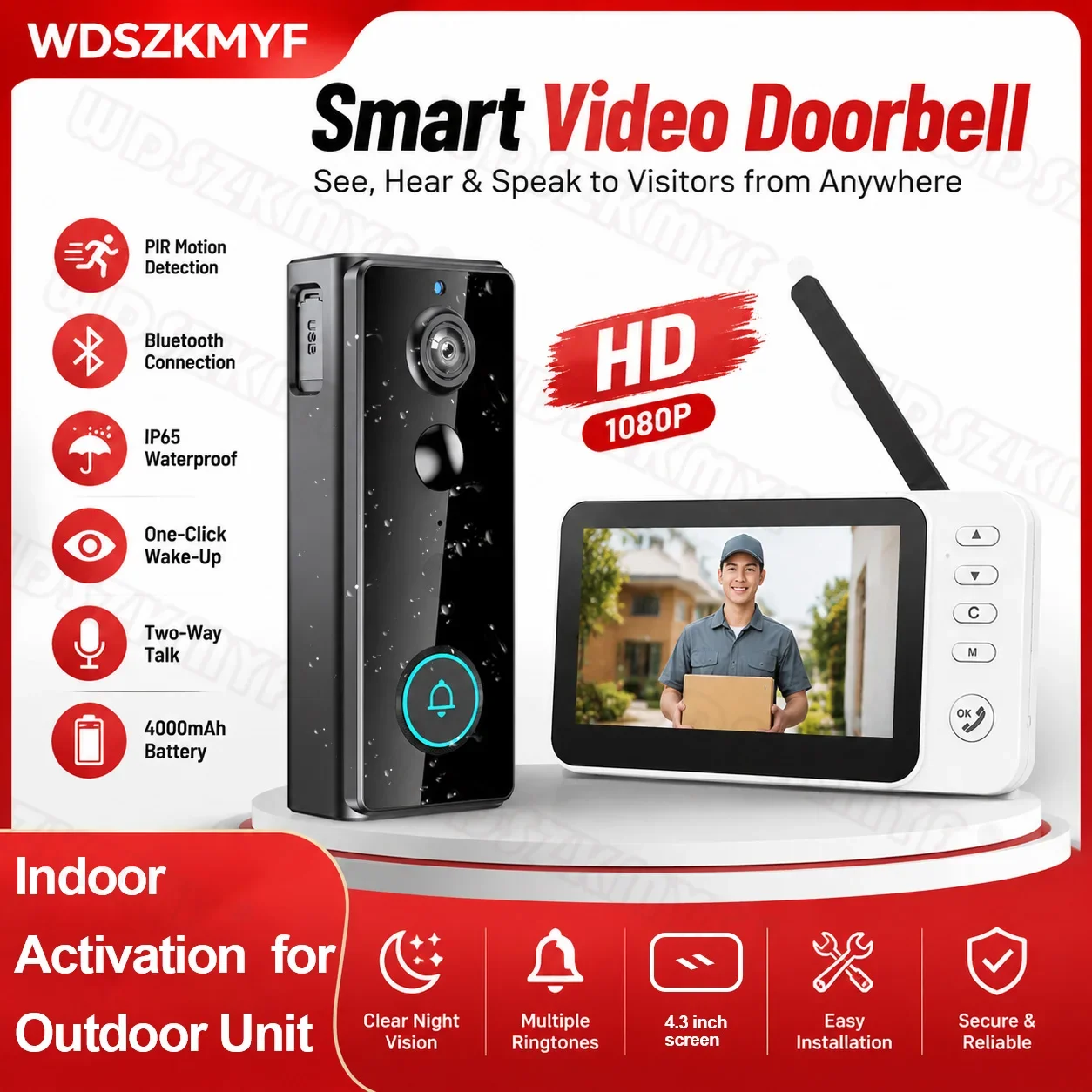 4.3inch Camera Peephole Doorbell 1080P HD Wireless doorbell Outdoor Monitor IP65 PIR Motion Detector For Security Home Apartmen