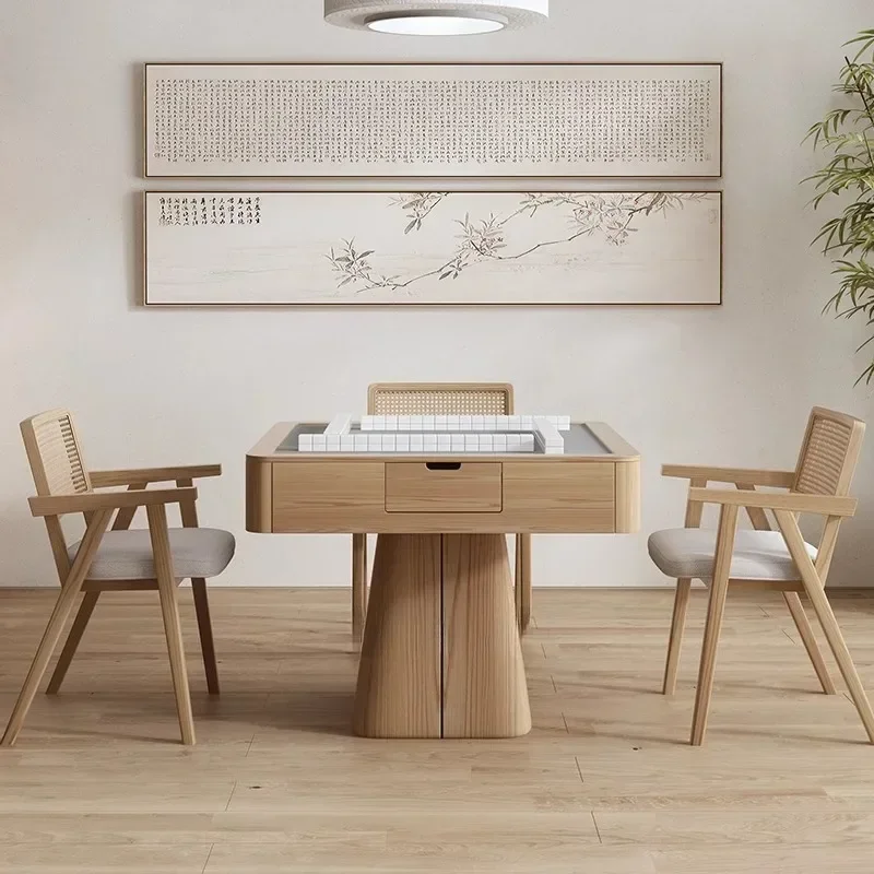Solid wood silent automatic mahjong machine household wabi sabi log mahjong table dining table integrated dual-purpose