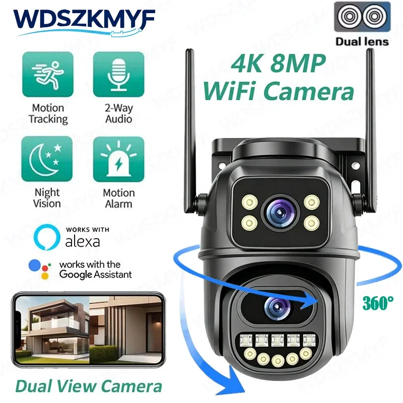 8mpデュアルレンズwifi接続4kカメラ防水ip66屋外セキュリティウェブカメラai自動追跡ip-ptzビデオカメラ