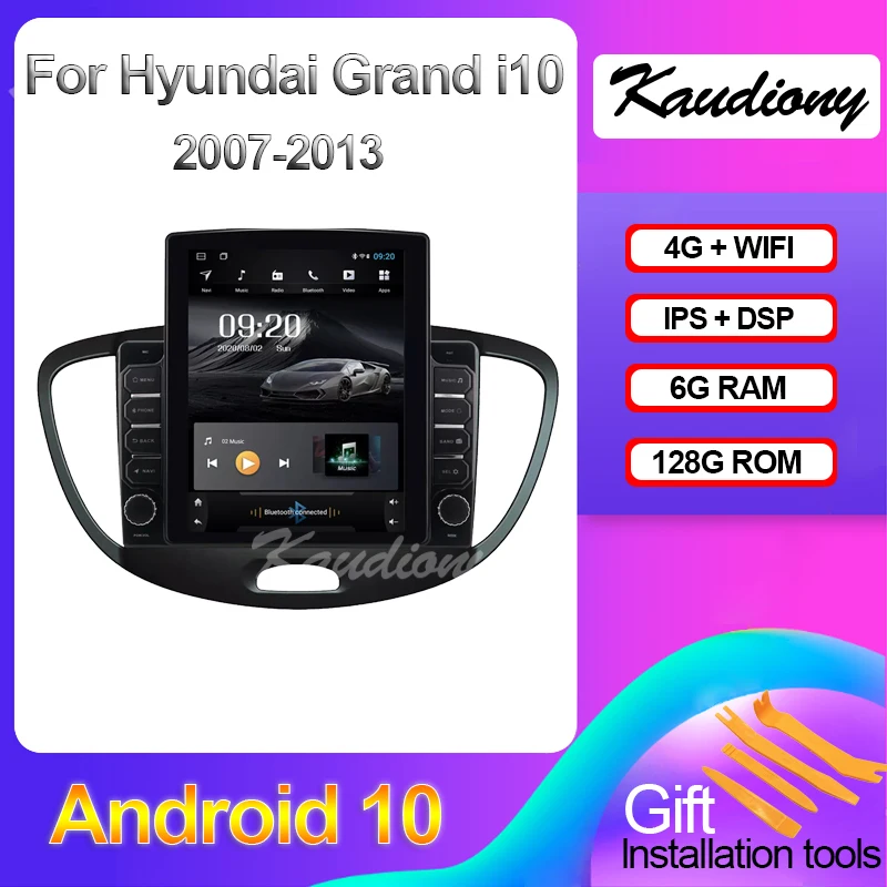 Kaudiony Tesla Style Android 10.0 For Hyundai Grand i10 Car DVD Multimedia Player Auto Radio GPS Navigation 4G Stereo 2007-2013