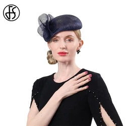 FS 2024 Sinamay Beret Navy Blue Hats Fascinators For Luxury Women With Veil Lady Cap Elegant Cocktail Tea Party Headdress