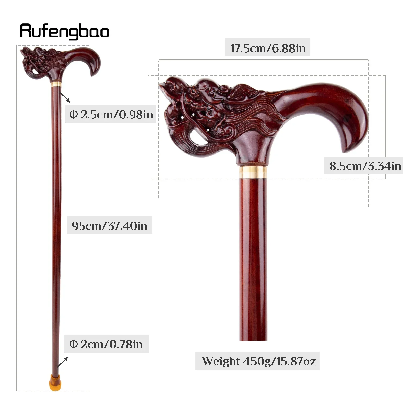 Red Beard Dragon Wooden Single Joint Fashion Walking Stick Decorative Cospaly Cane Halloween Mace Crutch  Wand Crosier 95cm
