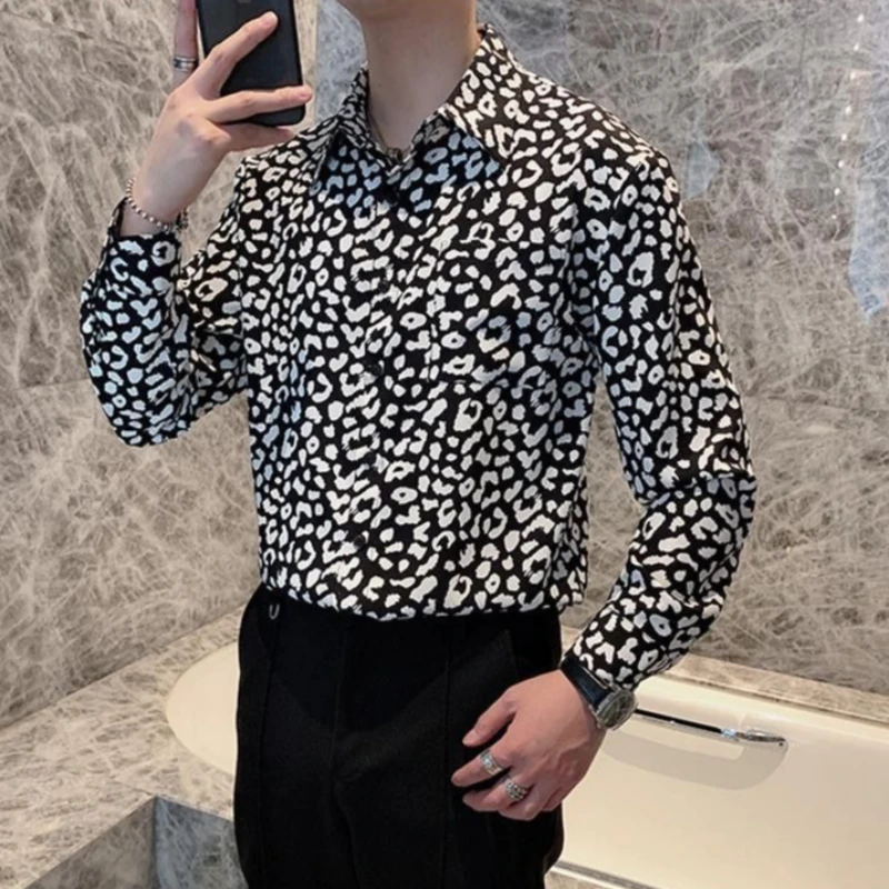 Men's Black White Dots Leopard Print Shirt Long Sleeve Spring Korean Style Internet Celebrity Inspired Trendy Nightclub Top