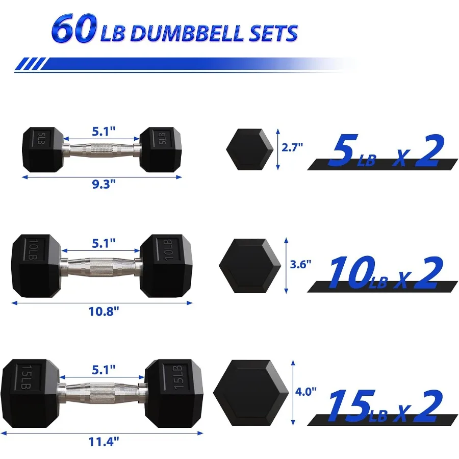 Rubber Encased Hex Dumbbells with Optional Rack, 10 15 20LB Pairs and 5, 10 and 15 Pairs Weight Sets for Home Gym