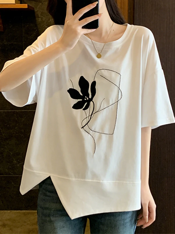 

Summer 2026 Women's Fitted Short Sleeve T-shirt Embroidered round Neck Design Sensation 3D Stitching plus Size Slimming Versa...
