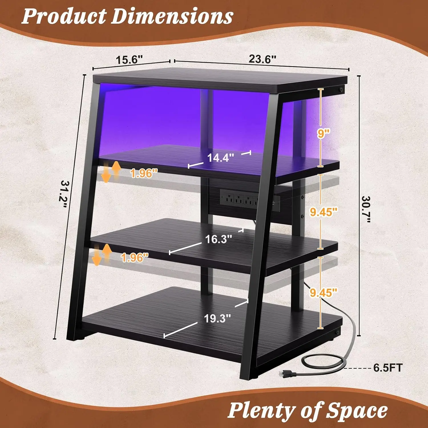 4 Tier Corner Media Shelving Power Strip LED Audio Tower Black