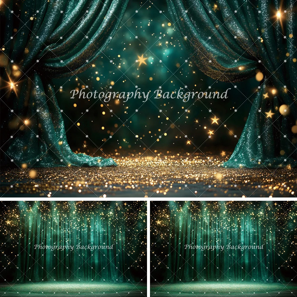 

Green Gold Stage Curtain Glitter Star Photography Background Newborn Portrait Birthday Party Wedding Photo Backdrop Photo Studio