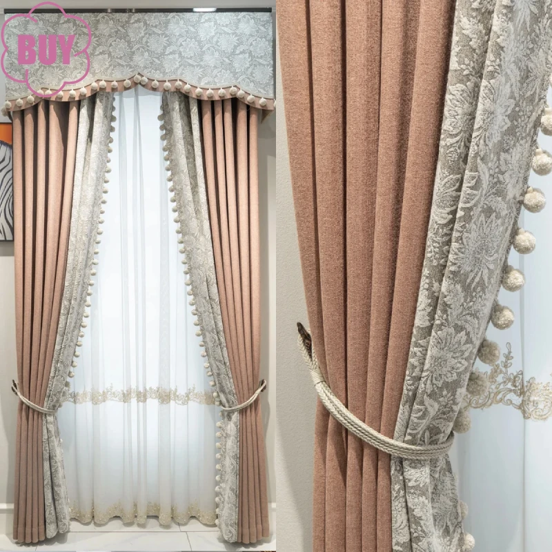 

New Customized Cotton Linen Pink Jacquard Splicing Thickened Blackout Curtains for Bedroom Living Room French Window Balcony