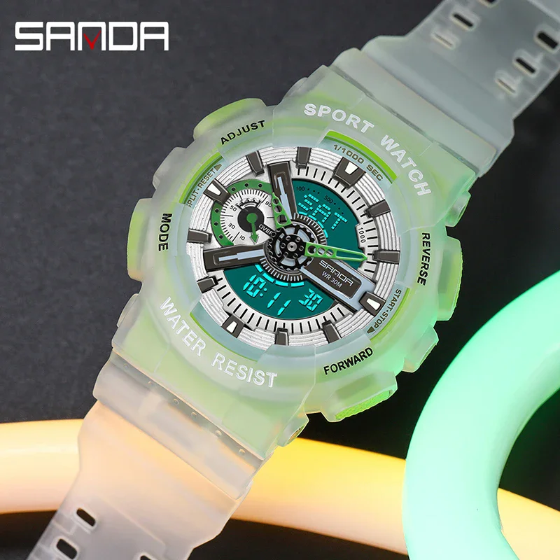 SANDA 3029 reloj electrónico de moda para hombre, caja fluorescente creativa luminosa, reloj despertador resistente al agua, relojes deportivos informales para hombre