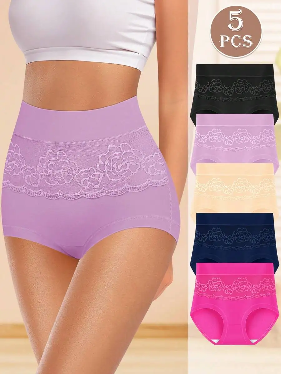

5 Pcs High Waist Womens Panties With Floral Lace Mesh Design Breathable Comfortable