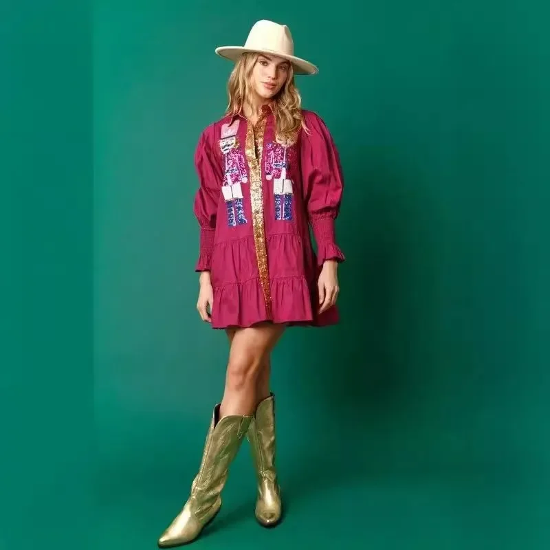 Mulheres lantejoulas natal quebra-nozes camisa vestido de festa de férias vestidos de moletom manga longa em camadas mini vestido de baile novo