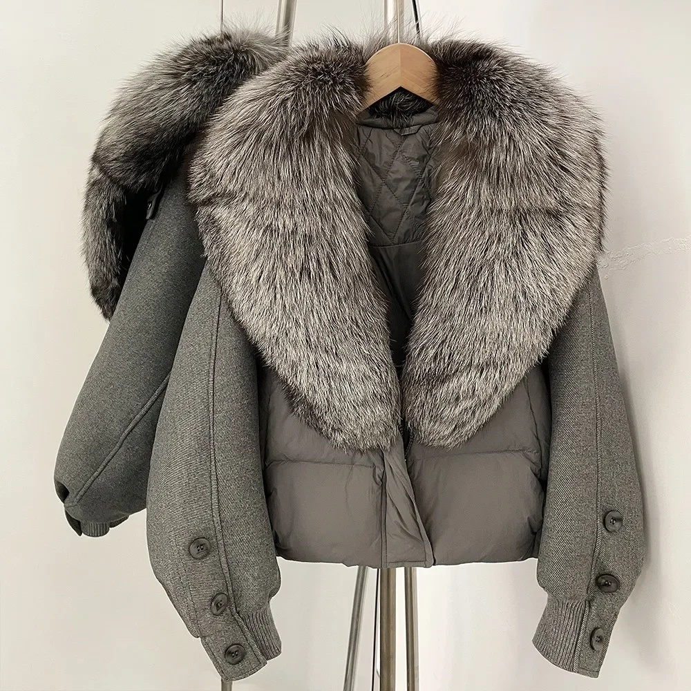 

Natural Real Fur Collar Down Coat Women Thick New Puffer Jacket Autumn Winter Loose Patchwork Sleeves Female Reality Fur Jacket