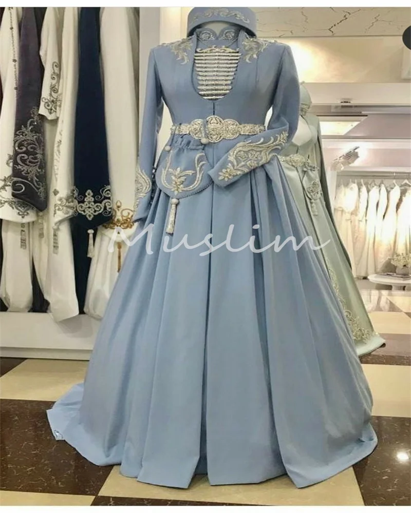 Dusty Blue Circassian Evening Dress 2025 Traditional Muslim Arabian Prom Dress Beaded Long Sleeve Carnival Formal GownCustomized